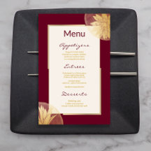 Moderne Bourgondische Gouden Bloemen Bruiloft Menu