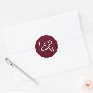 Moderne Bourgondische Initiaal Huwelijk Ronde Sticker
