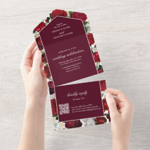 Moderne Bourgondische Waterverf Elegante bruiloft All In One Uitnodiging