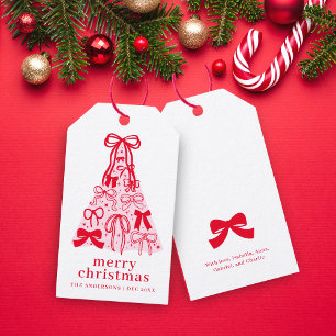 Moderne Bow Roze Rode Kerstboom Cadeaulabel