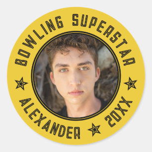 Moderne Bowling Superster Gele Naam Foto Datum   Ronde Sticker
