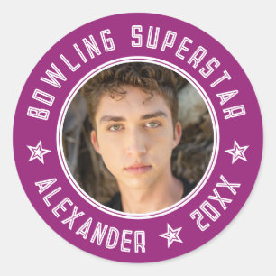 Moderne Bowling Superster Paars Roze Naam Foto  Ronde Sticker
