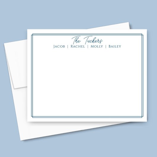 Moderne briefpapier met een blauwe rand en familie notitiekaartje