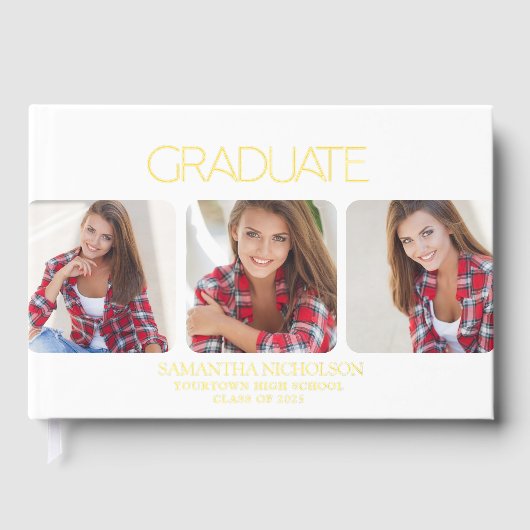 Moderne brillant blanc 3-Photo Graduation (Recto)