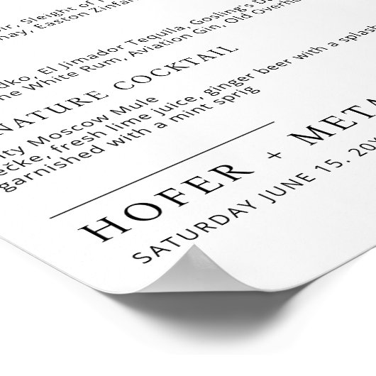 Moderne bruiloft Bar Menu Minimalistische bruiloft Poster (Hoek)