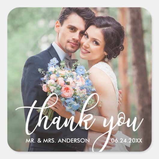 Moderne bruiloft Bedankt Bride Groom Foto Vierkante Sticker (Voorkant)