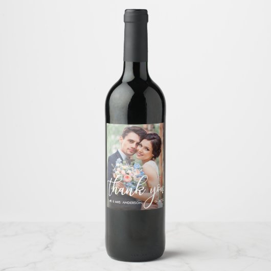 Moderne bruiloft Bedankt Bride Groom Foto Wijn Etiket (Voorkant)