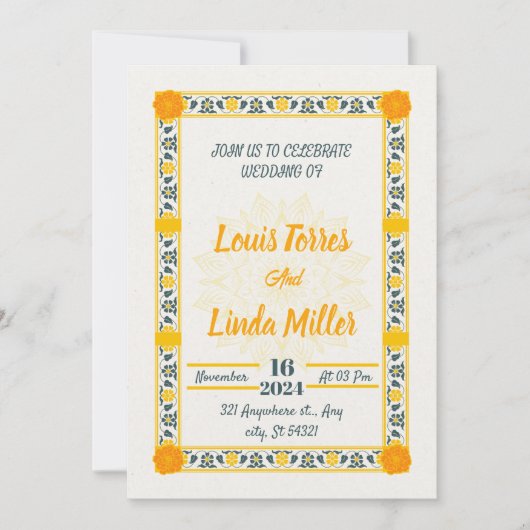 moderne bruiloft beige, gele bloemen kaart (Voorkant)