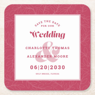 Moderne bruiloft bespaart het Magenta Leaf Pattern Vierkante Kartonnen Onderzetter