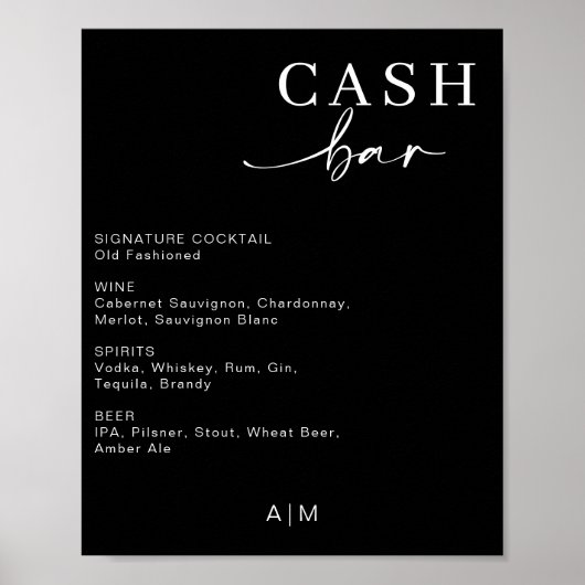 Moderne bruiloft Cash Bar | Bar Drink Menu Sign Poster (Voorkant)