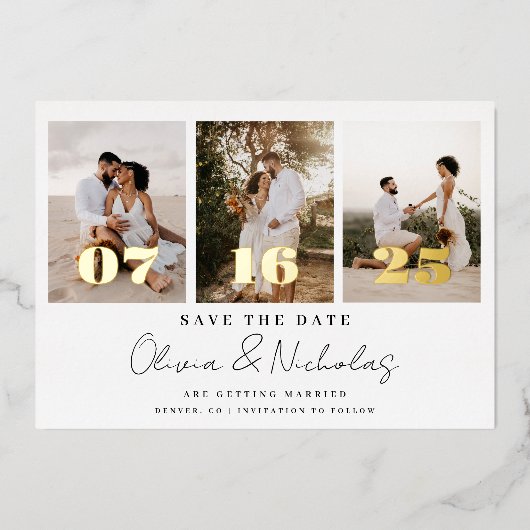 Moderne bruiloft foto collage bewaart de datum folie uitnodiging (Voorkant)