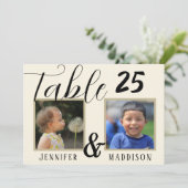 Moderne bruiloft foto licht Biege Table Number (Staand voorkant)