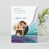 Moderne bruiloft -Foto-Paarse en Blauwgroen- Save The Date (Staand voorkant)