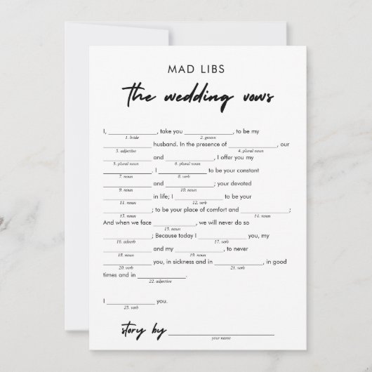 Moderne bruiloft geloften bruids libs spel kaart (Voorkant)