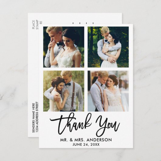 Moderne bruiloft in penseel script 4 Foto bedankt Briefkaart (Voorkant / Achterkant)