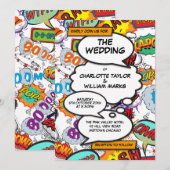 Moderne bruiloft kleurrijke typografische stripboe kaart (Voorkant / Achterkant)
