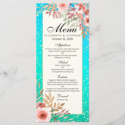 Moderne bruiloft Menu Roze Floral Blauwgroen Gold  (Voorkant)