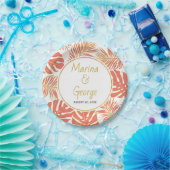 Moderne bruiloft met koraal- en goudtropische blad papieren bordje (Feest)