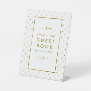 Moderne bruiloft met wit en goudvet reclamebord met voetstuk