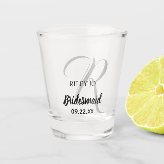 Moderne bruiloft Monogram legant Bridesmaid Shot Glas (Voorkant)
