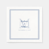Moderne bruiloft Namen & Datum Monogram Blauw Wit Servet (Voorkant)