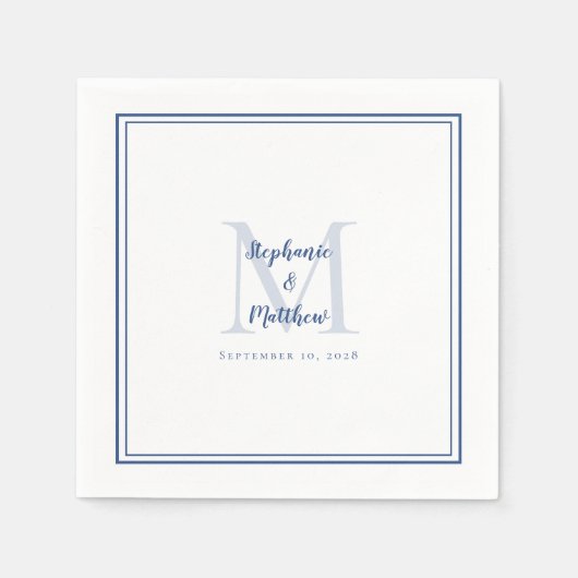 Moderne bruiloft Namen & Datum Monogram Blauw Wit Servet (Voorkant)