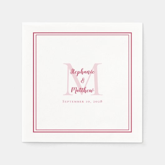 Moderne bruiloft Names & Datum Monogram Magenta Re Servet (Voorkant)