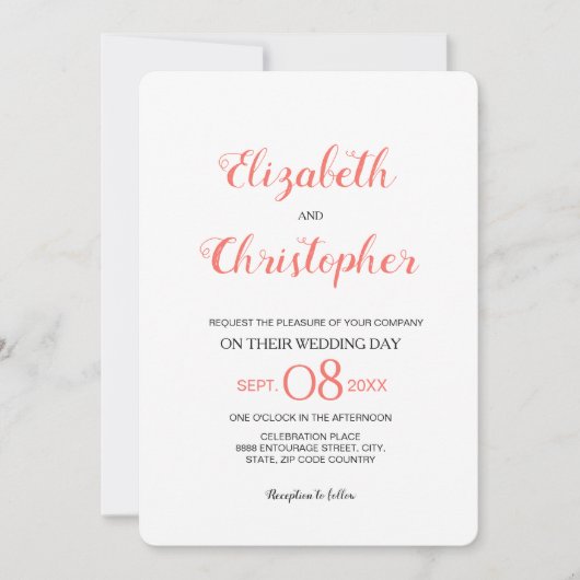 Moderne bruiloft script kleur koraal kaart (Voorkant)