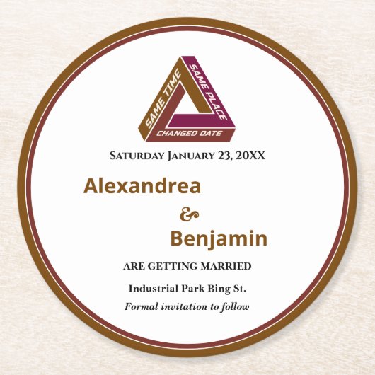 Moderne bruiloft sparen de Datum Nieuwe Datum Kaar Ronde Kartonnen Onderzetter (Voorkant)