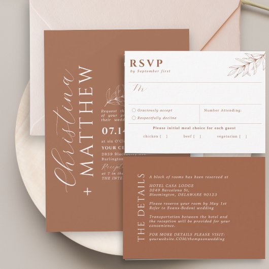 Moderne bruiloft terracotta details behuizing Kaar Informatiekaartje