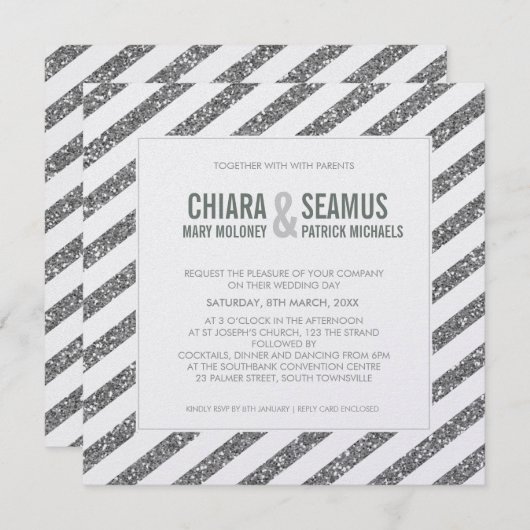 MODERNE BRUILOFT UITNODIGING glitter streep zilver (Voorkant / Achterkant)