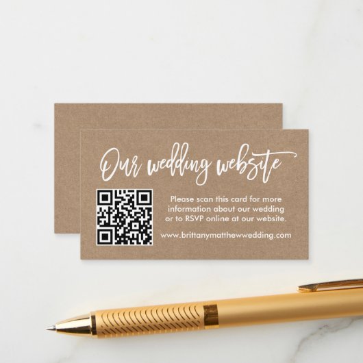 Moderne bruiloft voor penseel script QR Kraft Informatiekaartje (Voorkant / Achterkant in situ)