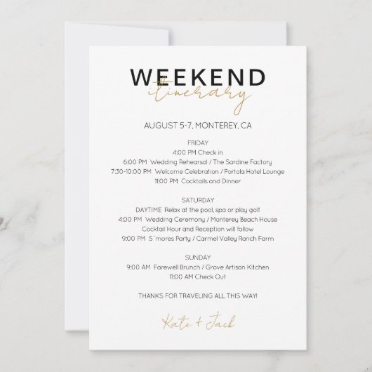 Moderne bruiloft Weekend Reisschema Kaart (Voorkant)