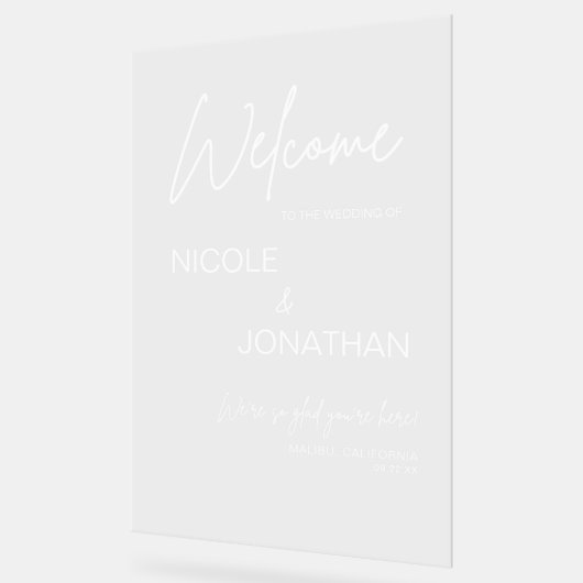 Moderne Bruiloft Welkom Witte Tekst Acryl Bord (Hoek)