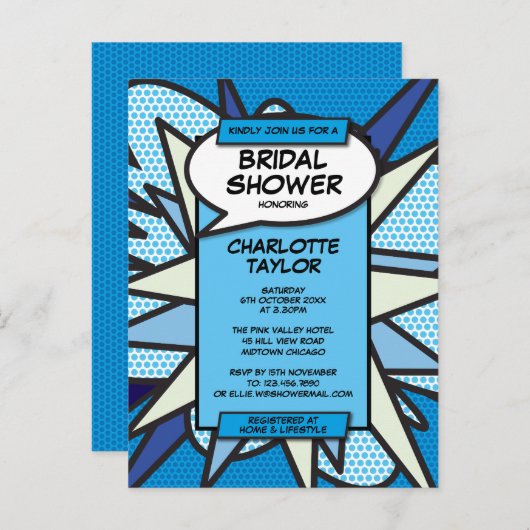 Moderne Bruiloftsshower met Strips in het Blauw Uitnodiging Briefkaart (Voorkant / Achterkant)