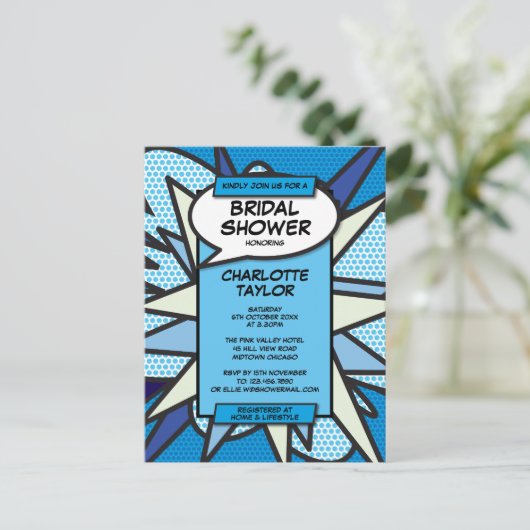 Moderne Bruiloftsshower met Strips in het Blauw Uitnodiging Briefkaart (Staand voorkant)