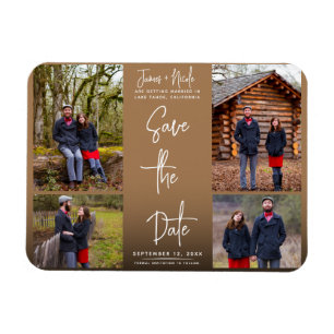 Moderne bruine 4 foto's Save the Date-huwelijk Magneet