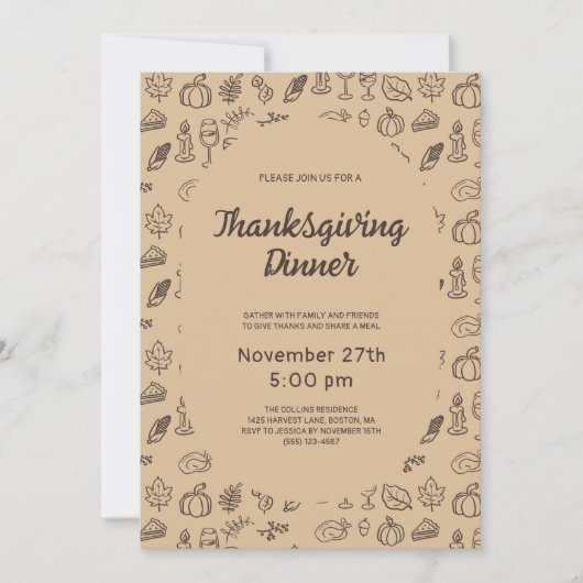 Moderne bruine grillige handgetekende Thanksgiving Kaart (Voorkant)