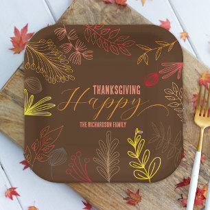Moderne bruine herfst botanische familie Thanksgiv Papieren Bordje