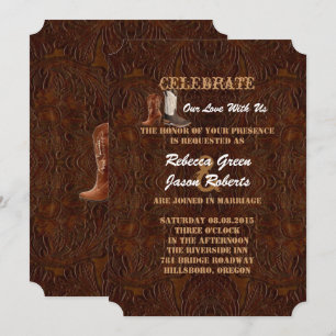 moderne bruine leren cowboylaarzen country bruilof kaart