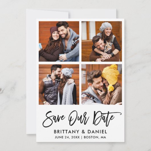 Moderne Brush Script 4 Foto Save Our Date Kaart (Voorkant)