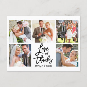 Moderne Brush Script Liefde en Dank 5 Foto Huwelij Briefkaart