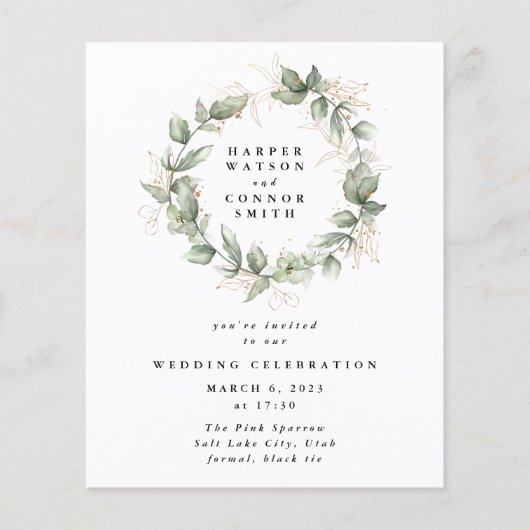 Moderne budget Gold Eucalyptus Wreath Wedding Flyer (Voorkant)