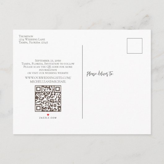 Moderne budgetbruiloft Sparen de Datum QR Code van Aankondigingskaart (Achterkant)
