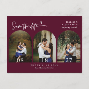 Moderne Burgundy Arch Photo QR Code Save the Date Briefkaart
