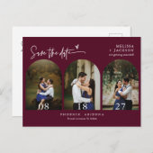 Moderne Burgundy Arch Photo QR Code Save the Date Briefkaart (Voorkant / Achterkant)
