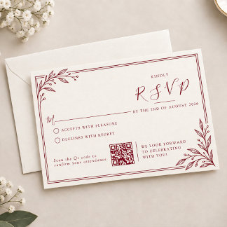 Moderne Burgundy Bladeren Rand QR-code Trouwen RSVP Kaartje