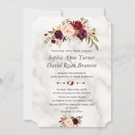 Moderne Burgundy Blush Bloemen Marmeren Huwelijk Kaart (Voorkant)