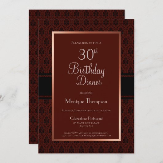 Moderne Burgundy Copper 30th Birthday Dinner Party Kaart (Voorkant / Achterkant)