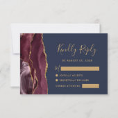 Moderne Burgundy Goud Agate Navy Blauwe Trouw RSVP Kaartje (Voorkant)